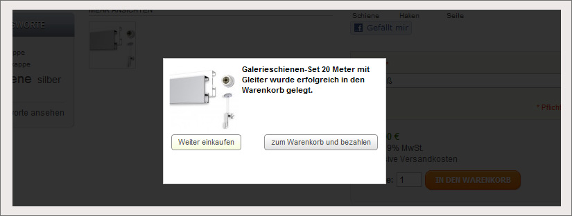 Einkaufen bei Galerieschiene.net Bestellvorgang: Wählen weiter einkaufen oder zum Warenkorb